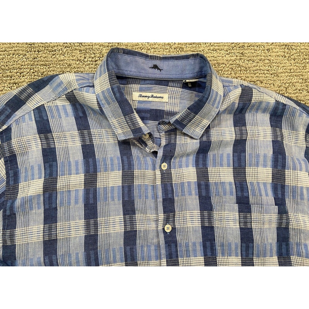 Tommy Bahama Button Up‎ Shirt Men's XLB Plaid Linen Blend Flip Cuff Long Sleeve
